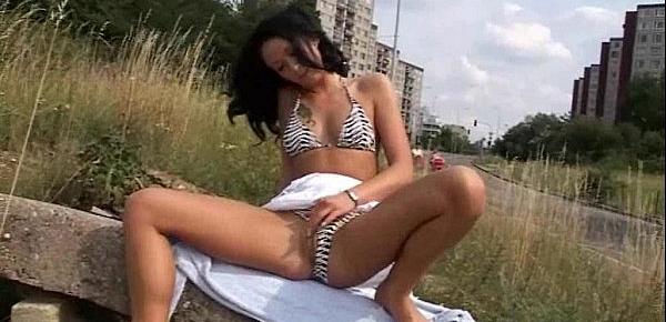  Dark milf in public nudity and daring outdoor masturbation of flashing mum by a